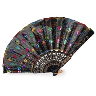 Abanico De Plástico Grande En Colores Negro De Tela Bordada Con Lentejuela Colores 41 x 23 Cm | ZXQ02594