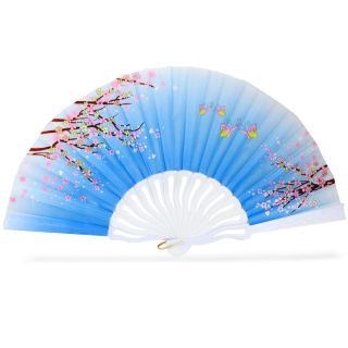 Abanico De Plástico Y Tela Perforado Blanco Con Estampado Flores Y Mariposas Colores 43 Cm | XSZ-622