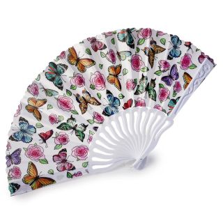 Abanico De Plástico Grande Blanco Tela Estampado Mariposas Colores De 41 Cm | XSZ-628