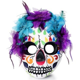 Máscara De Fomi Y Tela Estampada Catrina Flores Y Plumas | KUN-W24