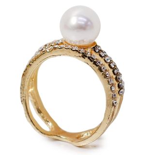 Anillo De Metal Color Dorado Ancho Con Figuras Cubiertas De Piedras Y Perlas | SJZ-538