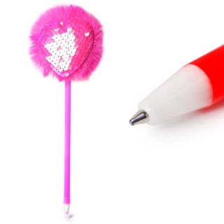 Pluma Escolar Tinta Negra Con Pompón De Colores Y Corazón Lentejuela 22 Cm | JA4-Q-381