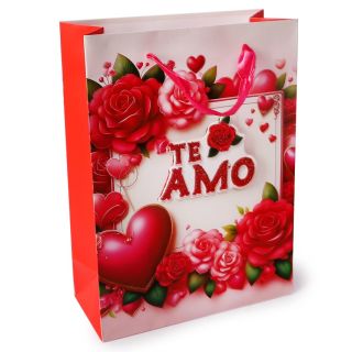 Bolsa Para Regalo Mediana 3D Color Blanco Y Rosa Estampada Flores Corazones 24 x 17.5 Cm | ZXQ03028