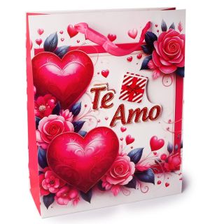 Bolsa Para Regalo Grande 3D Color Blanco Y Rosa Estampada Flores Corazones 32 x 26 Cm | ZXQ03029
