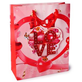 Bolsa Para Regalo Grande 3D Color Rosa Con Estampado Corazones Moños 32 x 26 Cm | ZXQ03031