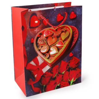 Bolsa Para Regalo Mediana 3D Gris Con Rojo Estampado Flores Y Corazones 24 x 17.5 Cm | ZXQ03036