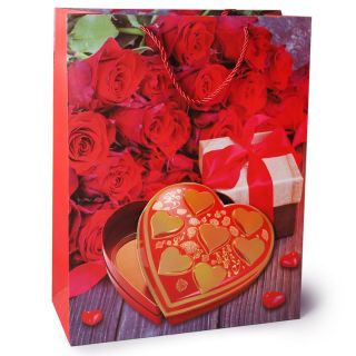 Bolsa Para Regalo Jumbo 3D Gris Con Rojo Estampado Flores Y Corazones 41 x 31 Cm | ZXQ03041