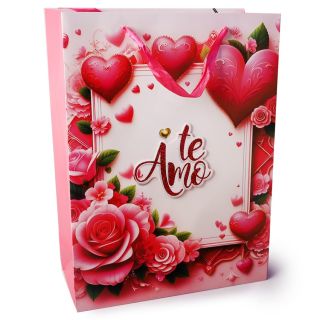 Bolsa Para Regalo Jumbo 3D Color Blanco Y Rosa Estampada Flores Corazones 41 x 31 Cm | ZXQ03043