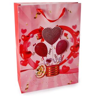 Bolsa Para Regalo Jumbo 3D Color Rosa Con Estampado Corazones Moños 41 x 31 Cm | ZXQ03044