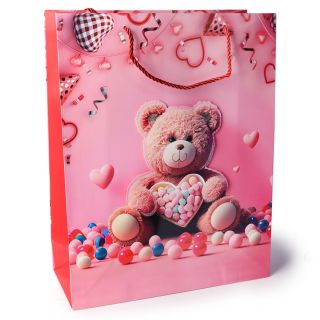 Bolsa Para Regalo Jumbo Color Rosa Estampado Osos 3D Glitter 40 x 31 Cm | KUN-2712C