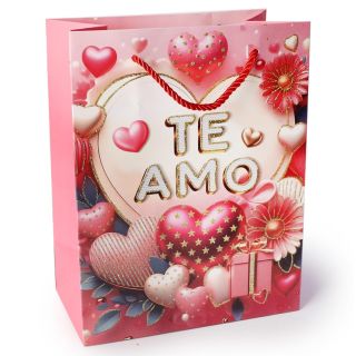 Bolsa Para Regalo Mediana Rosa Estampada Corazones TE AMO Glitter 24 x 18 Cm | KUN-2711A