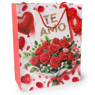 Bolsa Para Regalo Grande Rosa Estampada Corazones TE AMO Glitter 32 x 26 Cm | KUN-2711B