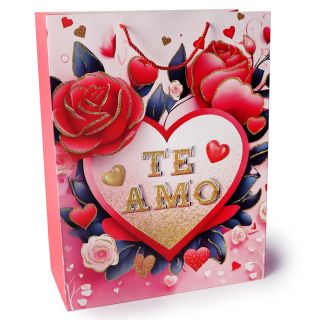 Bolsa Para Regalo Jumbo Rosa Estampada Corazones TE AMO Glitter 40 x 31 Cm | KUN-2711C