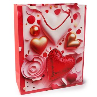 Bolsa Para Regalo Grande Color Rosa Rojo Estampada Corazones 3D 32 x 26 Cm | KUN-2713B