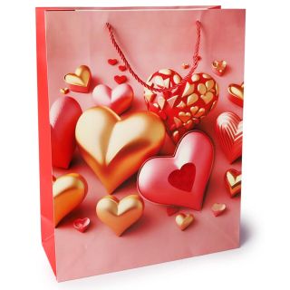 Bolsa Para Regalo Jumbo Color Rosa Rojo Estampada Corazones 3D 40 x 31 Cm | KUN-2713C