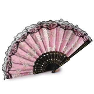 Abanico de Plástico En Color Negro Grabado Con Tela Y Encaje Estampado Flores Glitter 41 Cm | SE-1003-5