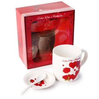 Taza De Cerámica Con Cuchara Y Plato Cafetero Estampado Corazones En Caja Roja 350 Ml | DMC-618