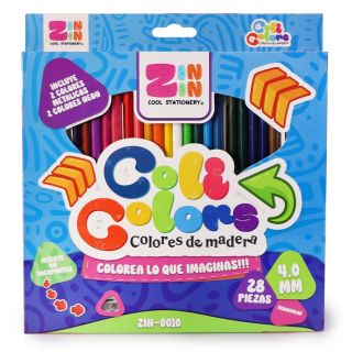 Colores Escolares De Madera Triangular 28 Piezas Con Sacapuntas De Metal 17.7 Cm | ZIN-0010