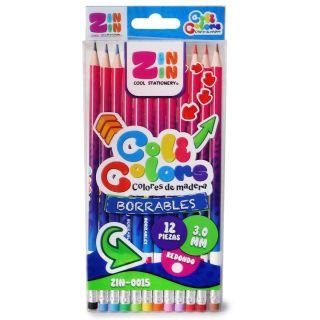 Colores Escolares De Madera Redonda Borrables 12 Piezas Con Goma En Estuche De 19 Cm | ZIN-0015