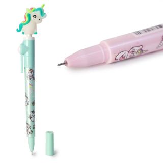 Pluma Escolar De Gel Tinta Negra Envase Estampado Y Figura Movible Unicornios 17.5 Cm | MK-P-03