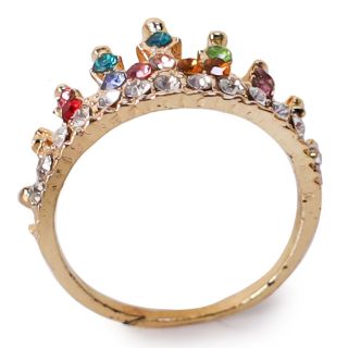 Anillo De Acero Delgado En Color Dorado Con Corona Y Piedras De Varios Colores | SJZ-354