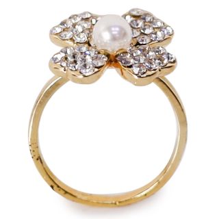 Anillo De acero Delgado En Color Dorado Con Flor Cubierta De Piedras Y Perla Al Centro | SJZ-542