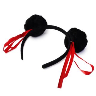 Diadema Para Cabello En Color Negro Forrada Con Pompones Negros Y Listones Rojos 14 Cm | TTK-1401