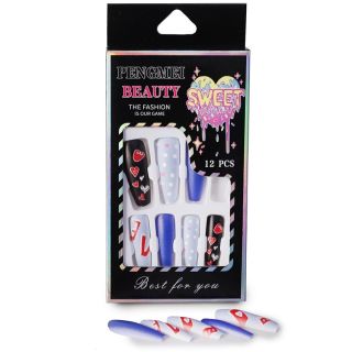Uñas Postizas Largas En Punta Con Estampado De Colores Modelos En Caja Negra Corazón 12 Cm | HU-LX89