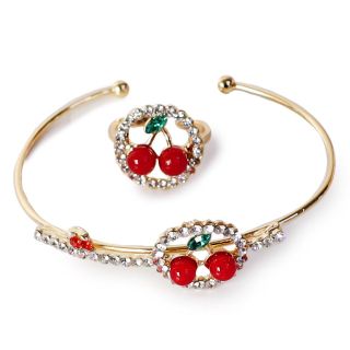 Pulsera Y Anillo De Acero Color Dorado Delgado Con Piedras Y Figura De Cereza 7 Cm | XQ-12-540