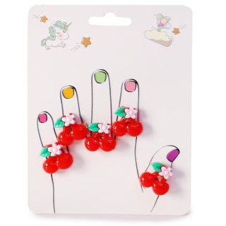 Anillos De Metal Ajustables Infantiles Con Cerezas De Plástico En Cartón Con 5 Piezas 13.5 Cm | XQ-12-551