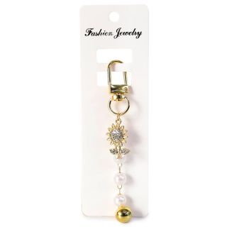 Llavero Grande De Metal En Color Dorado Con Dijes Cubierto De Piedras Y Perlas 9.5 Cm | ZXQ03648