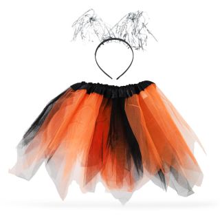Tutu Infantil Color Naranja Y Negro Con Diadema De Antenas Escarcha Plateada 30 Cm | HU-WS352