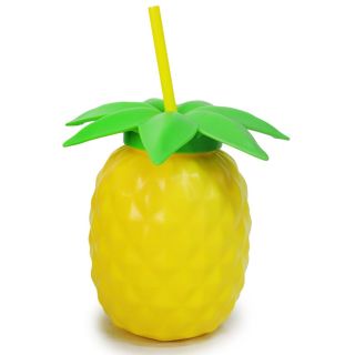 Botella De Plástico En Forma De Piña Color Amarillo Con Tapa Y Popote YULIANA 15 Cm | MX-507