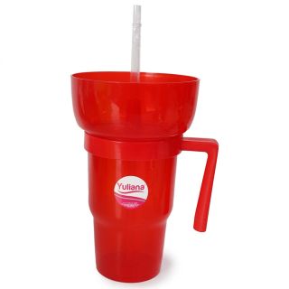 Vaso Botanero De Plástico Grande En Color Rojo Translúcido Y Popote YULIANA 23.5 Cm | MX-454