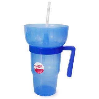 Vaso Botanero De Plástico Grande En Color Azul Translúcido Y Popote YULIANA 23.5 Cm | MX-454