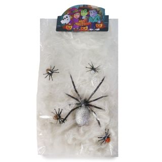Telaraña Adorno Para Halloween Grande Falsa En Color Blanco Con Arañas De Plástico 60 Cm | LS