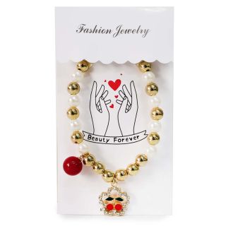 Pulsera Elástica Con Línea De Perlas Doradas Y Beige Con Dije De Metal Cerezas 8.5 Cm | ZXQ03733