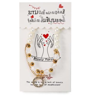 Pulsera Elástica Con Línea De Perlas Doradas Beige Y De Cristal Con Dije Y Cadena 8.5 Cm | ZXQ03103