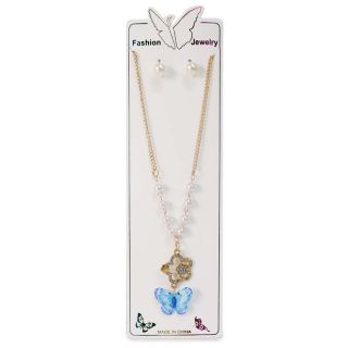 Collar Largo De Metal Cadena Dorada Delgada Con Perlas Dije Mariposa Y Aretes 20.5 Cm | ZXQ03735