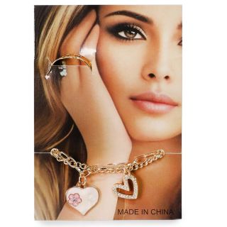 Pulsera De Metal Con Doble Cadena Dorada Dijes Cubiertos De Piedras Y Anillo 10.5 Cm | ZXQ04016