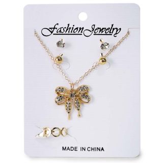 Collar Largo De Metal Cadena Dorada Delgada Con Anillo Y Aretes Cortos 10.5 Cm | ZXQ04015