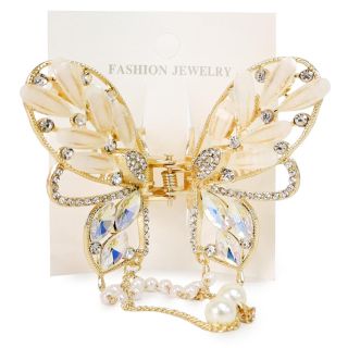 Pinza De Metal En Color Dorado Figura De Mariposa Con Piedras Y Perlas Colgantes 8 Cm | XH6280