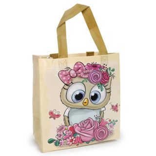 Bolsa Ecológica De Asa Chica Textil Estampada Buhos Con Flores Varios Colores 23 x 22 Cm | XH6459