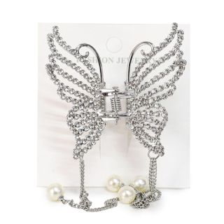 Pinza De Metal Grande En Color Plata Figura Mariposa Cubierta De Piedras Cadenas 6.5 Cm | XH6146