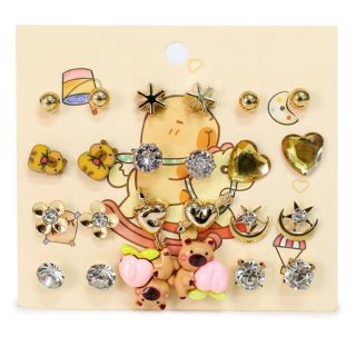 Aretes Cortos De metal Figuras Doradas Y Capibaras Con Piedras Y Perlas En Blíster 9 Cm | 25MK-G-2