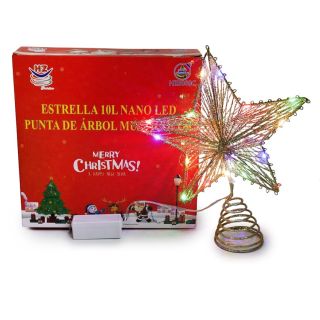 Estrella Punta De Árbol Navideña De Metal Glitter Dorado 10 Luces Led Nano Multicolor 24 Cm | HZ8088C