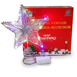 Estrella Punta De Árbol Navideña De Metal Glitter Plateado 10 Luces Led Nano Multicolor 24 Cm | HZ8088-C
