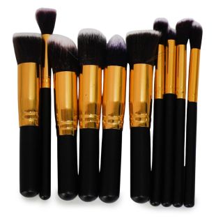 Brochas Para Maquillaje Anchas Con Punta Bicolor Y Mango Dorado Con Negro 14 Cm | HZS-2535