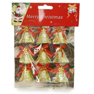 Adorno Navideño Campanas Chicas Metalizadas En Color Dorado Con Moño Y Flor 23 Cm | SD-14