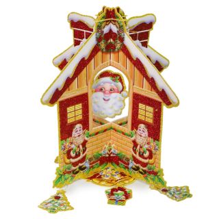 Adorno Navideño De Cartón Grande 3D Estampado Casa Con Santas Y Dije 34 Cm | DS-37
